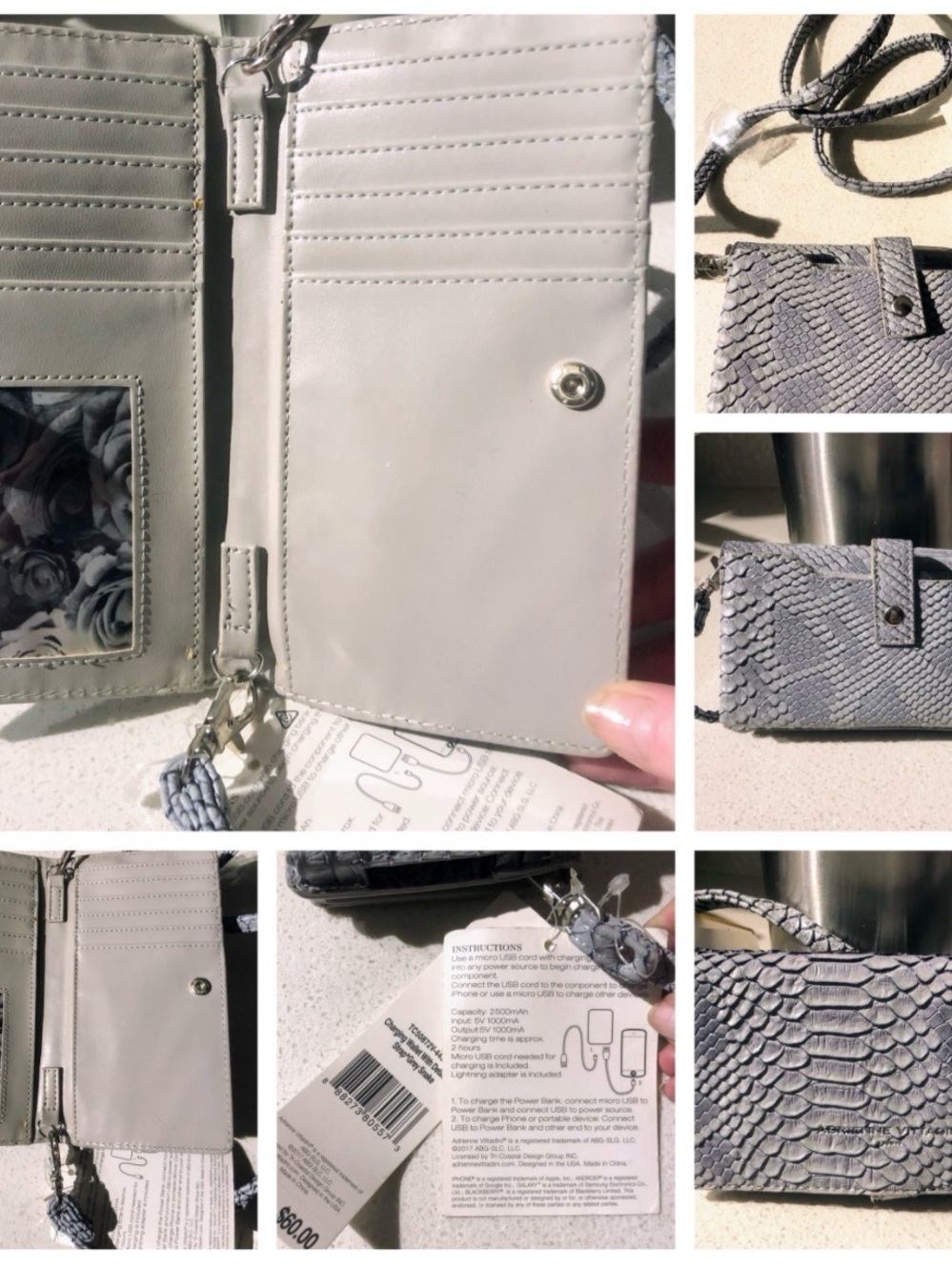 Adrienne Vittadini Light Gray Phone Crossbody Wallet with Card Slots